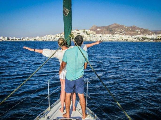 Honeymoon private day sailing tour from Naxos with fresh fish and champagne